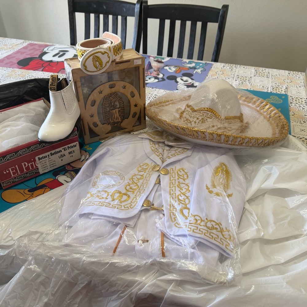 White and Gold Mariachi Charro Outfit with Sombrero and Boots